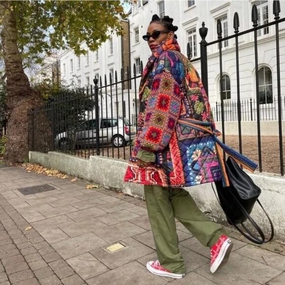 Farm Rio Crochet Sleeve Puffer Jacket Patchwork Tapestry Winter Tropical Longlin - Picture 13 of 15